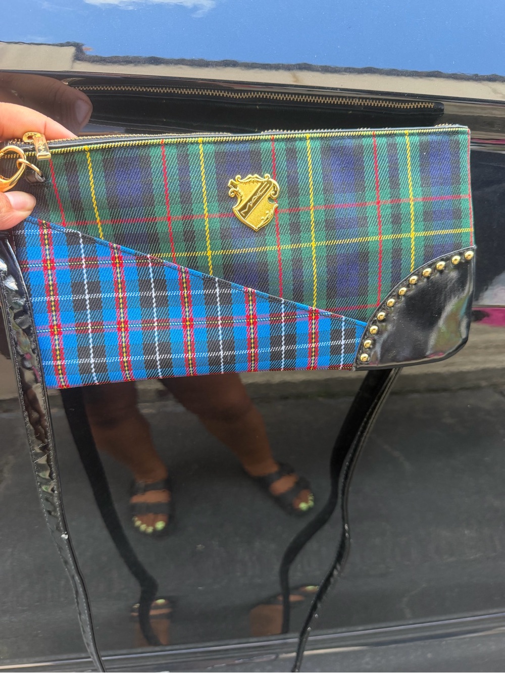 MAC Cosmetics Plaid Wristlet Clutch in Green, Blue and Red with Gold Crest